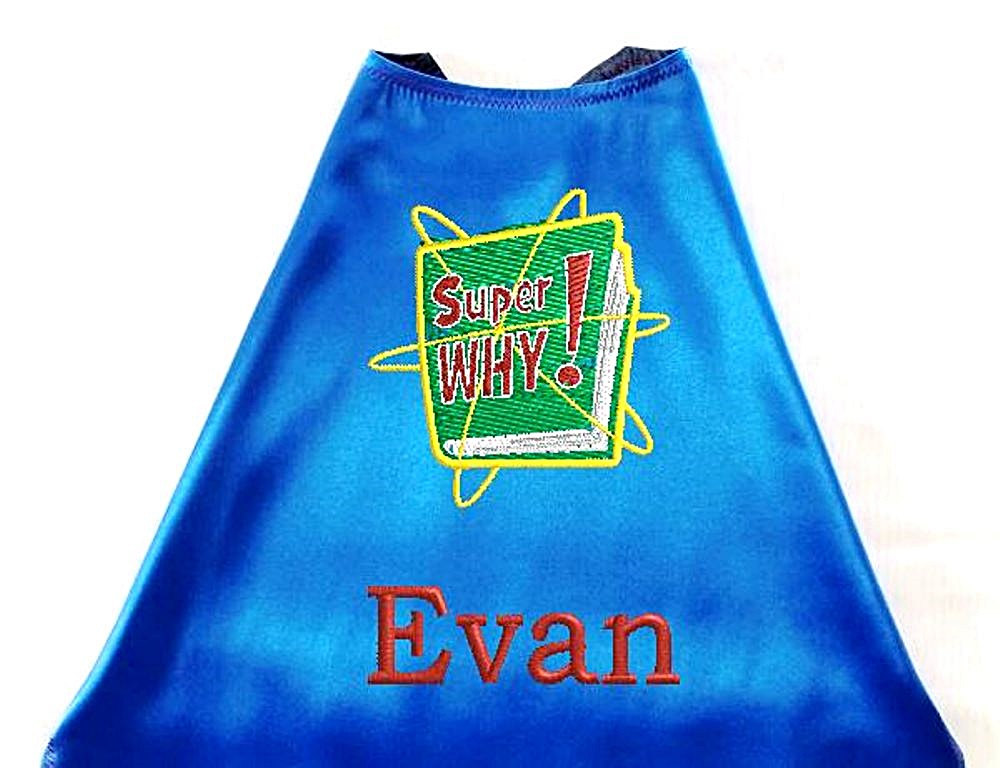 Kid's Cape, Embroidered Super Why Personalized With Monogram Royal Blue
