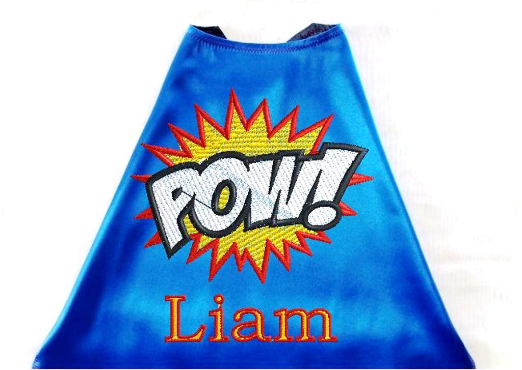 Boy's Cape, Embroidered Super Hero Pow Cape Personalized With Monogram Royal Blue